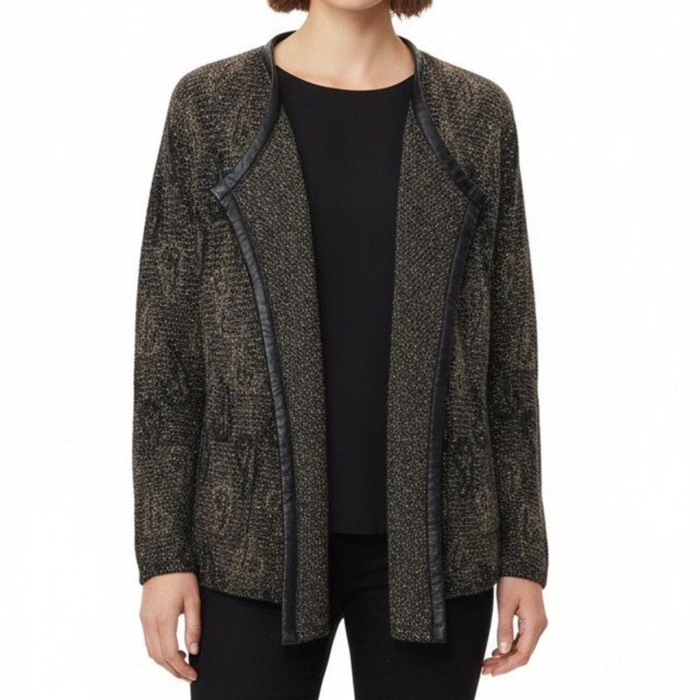 Eileen Fisher Mohair Wool Blend Open Front‎ Leather Trim Sweater Jacket XS